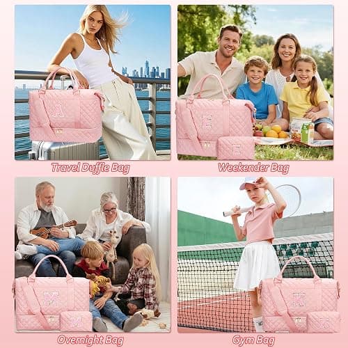 CLOUDWINGS Girl Gift-Women Birthday Gifts-Gifts for Teenage Girls Initial Travel Duffle Bag Quilted Weekender Overnight with Cosmetic Bag, Gym Bag with Shoe Compartment Personalized Bag, Pink A thumbnail 9