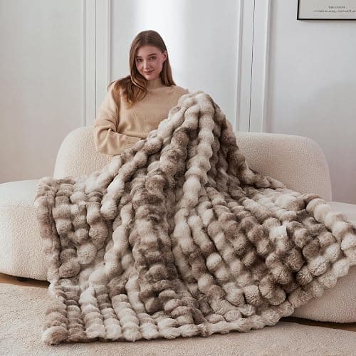 COOVA Faux Fur Throw Blanket for Couch, Cozy Soft and Fuzzy Plush Rabbit Fur Bubble Blanket for Sofa Bedroom Living Room, 50x60 Inches Tie Dye Brown thumbnail 2