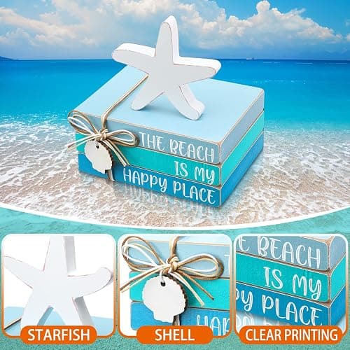 Pinkunn 4 Pcs Beach Tiered Tray Decor Table Centerpiece for Summer Starfish Coastal Rustic Wooden Block Blue and White Beach Nautical Decor Decorative Signs & Plaques for Home Shelf Mantel thumbnail 4
