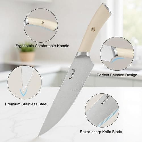 KUISINE Upgraded Knife Set High Carbon Stainless Steel Super Sharp Blade Ergonomic Rivet Handle,Knife Block Set with Built-in Sharpener(Ivory Acacia Pro,15PCS) thumbnail 5
