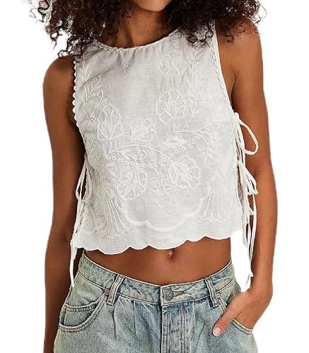 UAURORAO Women Tie Up Tank Top Floral Embroidered Cropped Vest Flower Embroidery Backless Babydoll Going Out Camisole - Image 1