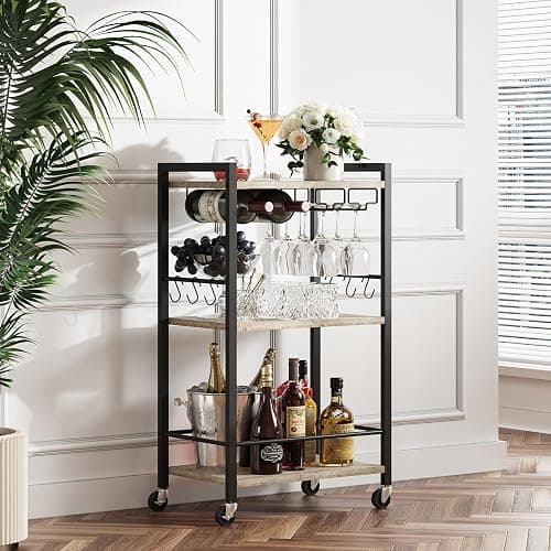 TUTOTAK Bar Cart, Home Bar Serving Cart, Small Wine Cart with 3-Tier Shelf, Beverage cart, Drink Cart with Wine Rack and Glass Holder, Rolling bar carts for The Home, Living Room, Greige BC01BG035 - Image 1