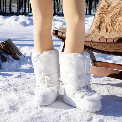 ZHENAIYISHENG Faux Fur Boots for Women - Fuzzy Fluffy Furry Water Resistant Snow Boots for Women - Anti-Slip with Cotton Sponge Lined and TPR Rubber Sole Black White Fur Boots thumbnail 3