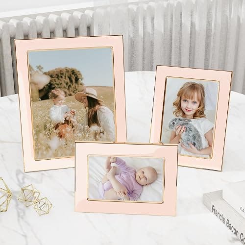 Venusmiles 4x6 Enamel Picture Frame, Gold Metal Edge with Easel, Real Glass Photo Frame for Wall and Tabletop Display Family Office Photo Gallery, Pink Enamel/1pc thumbnail 2