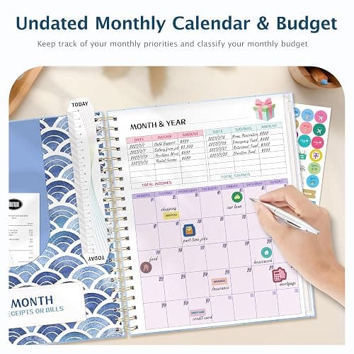 Ospelelf Budget Planner Undated, Money Expense Tracker with Pockets & Stickers, Thick Cardboard Cover, Large Pages for Spacious Writing, Original Fun Colorful Design, 12 Month Financial Notebook, Blue Pool thumbnail 4