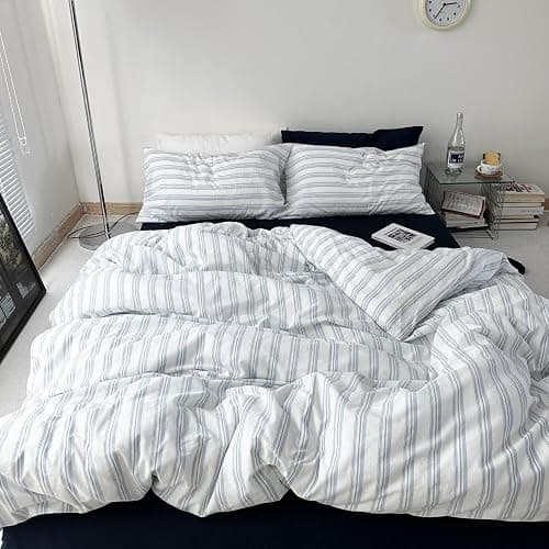 mixinni Vintage Light Blue & White Striped Comforter Set Twin XL Size - Soft Washed Cotton 3-Piece Bedding Set (1 Comforter + 2 Pillowcases), Retro Geometric Pattern, All-Season Breathable & Fluffy thumbnail 8