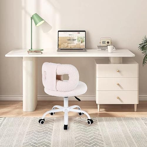 Ermnois Modern Faux Cashmere Home Office Chair, Height Adjustable Desk Chair with Back and Wheels for Living Room, Swivel Make-up Vanity Armless Chairs for Girls and Women (1, Cream) thumbnail 2