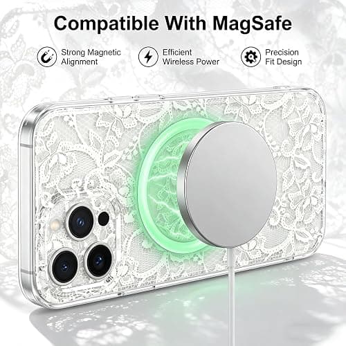 L-FADNUT for iPhone 16 Pro Max Case Lace Clear Flower Magnetic,White | [Compatible with Magsafe] Aesthetic Vintage Floral Lace Case Soft TPU Slim Shockproof Translucent Girly Cover Women Girls thumbnail 9