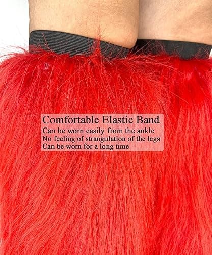 FHQHTH Fuzzy Faux Fur Leg Warmers Fur Heels Long Boots Cuff Cover has Elasticity One Pair Dionysia Boot cover Carnival 18" - Red thumbnail 2