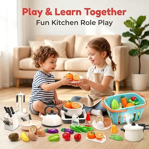 CUTE STONE Pretend Play Kitchen Toy with Cookware Steam Pressure Pot and Electronic Induction Cooktop, Cooking Utensils, Toy Cutlery, Cut Play Food, Shopping Basket Learning Toy for Girls Boys thumbnail 2