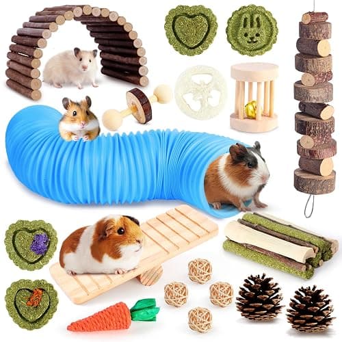 Kyouki Hamster Toys Guinea Pig Toys Set with Tunnel, Chewable Apple Wood & Natural Timothy Hay - Enrichment Chew Toys for Small Animals - 24+ Cage Accessories for Teeth Care & Boredom Relief (Blue) - Image 1