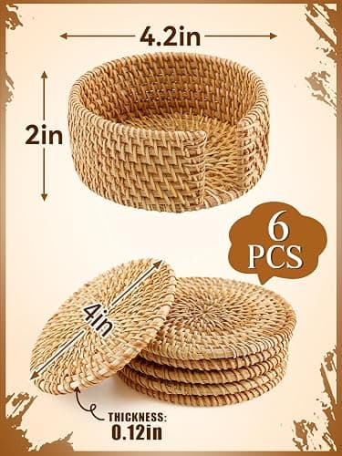 6pcs Natural Handmade Rattan Coasters with Holder - Wicker Drink Coasters Set, Housewarming Gifts Boho Summer Home Coastal Decor thumbnail 6