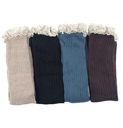 Vpogn 4 Pack Women Cotton Knit Boot Socks Knee High Socks Stockings with Lace Trim (Beige, Dark Grey, Black, Brown) thumbnail 4