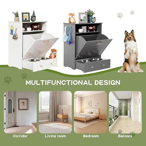 TITIMO Pet Feeder Station,Dog Food Storage Cabinet Container with 2 Pull Out Dog Elevated Bowls and Hanger,Pet Toy Storage Organizer,Feeding & Watering Pet Supplies (White) thumbnail 6