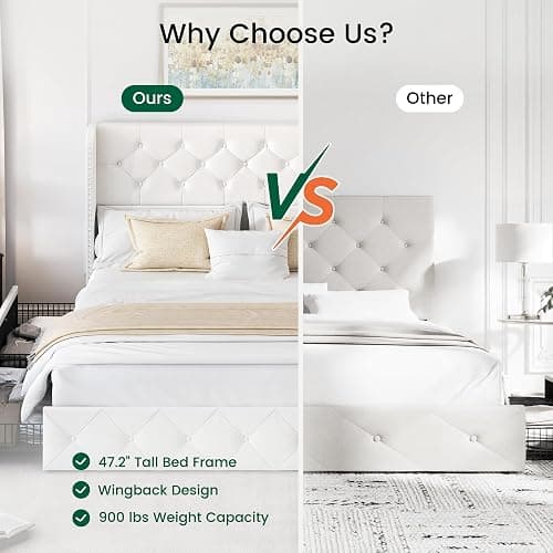 LARMACE Queen Size Bed Frame with 4 Storage Drawers and Wingback Headboard Velvet Upholstered Platform Bed Frame Tufted Beds with Wooden Slats Support, Easy Assembly, White thumbnail 8