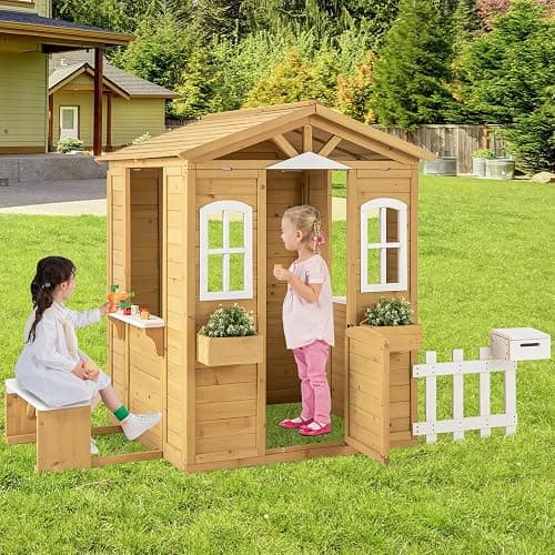 Costzon Outdoor Playhouse, Fir Wood Patio Pretend Play Center w/Bench, Mailbox, Fence, Serving Stations, Flowerpot Holders, Windows & Door, Children Play House for 2+ Years Old Kids thumbnail 2
