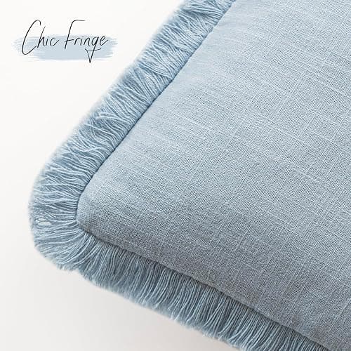 Foindtower Set of 2 Decorative Linen Fringe Lumbar Throw Pillow Covers Boho Farmhouse Cushion Cover with Tassels Soft Accent Pillowcase for Couch Sofa Bed Living Room Home Decor,12×20 Inch,Sky Blue thumbnail 4