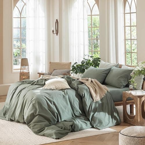 MooMee Bedding Pillowcases Pack of 2 100% Washed Cotton Linen Like Textured Breathable Durable Soft Comfy (Heathered Green, Standard) thumbnail 6