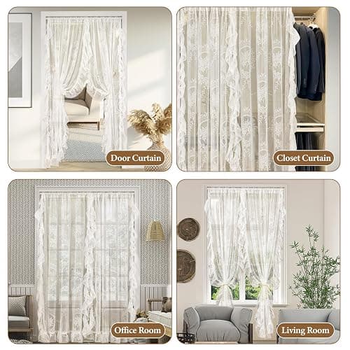 UNISTAR Lace Sheer Door Curtains with Rod Doorway Curtain for Closet Ratio | Lace Sheer Door Curtains with Rod, Luxury Doorway Curtain Living Room Divider for Closet Ratio Rod Pocket 55W x 80L in,White thumbnail 6
