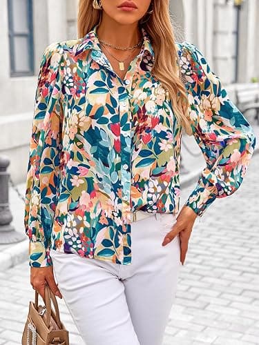 PRETTYGARDEN Womens Floral Blouses Dressy Casual Long Sleeve Fall Tops 2026 | V Neck, Button Down Shirts, Boho Tops, Chiffon Work Blouses, Business Casual Clothes, Vacation Teacher Outfits thumbnail 2
