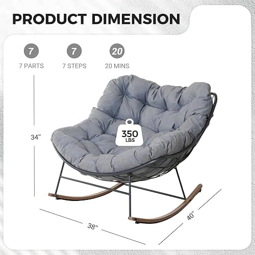Grand patio Outdoor Rocking Chair, Oversized Papasan Rocking Chair with Thick Cushion, Indoor Outdoor Cozy Rocker for Balcony, Living Room, Patio, Gray thumbnail 2