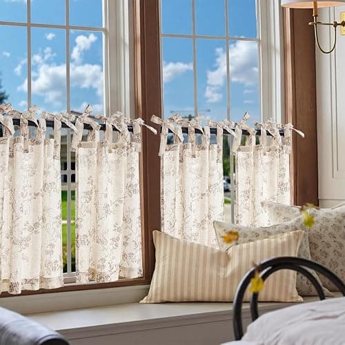 jinchan Floral Kitchen Curtains 24 Inch Linen Tier Curtains Farmhouse Cafe Half Window Drapes Over Sink Light Filtering Taupe on Beige for Living Room Laundry Tie Top 2 Panels thumbnail 3
