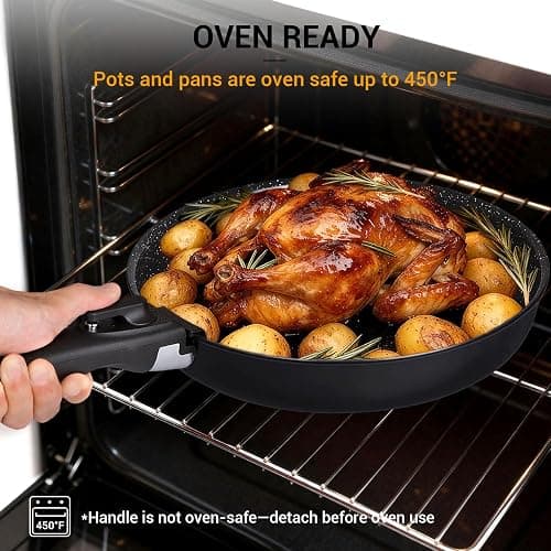 Ammeloo 21-Piece Ceramic Pots and Pans Set Non Stick with Detachable Handles and Egg Frying Pan, Non-Toxic Cookware, Induction Ready, Oven Safe, Stackable for Storage, Black Speckled thumbnail 8