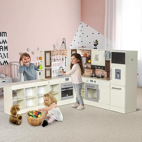 BRINJOY 3-Piece Kids Kitchen Playset, Walk-in Wooden Play Kitchen Set for Toddlers, Modular Pretend Play Kitchen w/Light&Sound, Large Corner Kitchen Cooking Toy w/Coffee Capsule, Gift for Girls Boys thumbnail 8