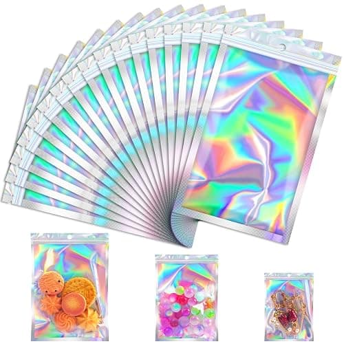 JETMORE 100 Pcs Holographic Mylar Bags, Smell Proof & Resealable Bag for Small Business, Foil Freshie Bags for Treat,Jewelry, Candy, Keychain, Package, Christmas Gift Bags, Goodie Baggies (3x5in) - Image 1