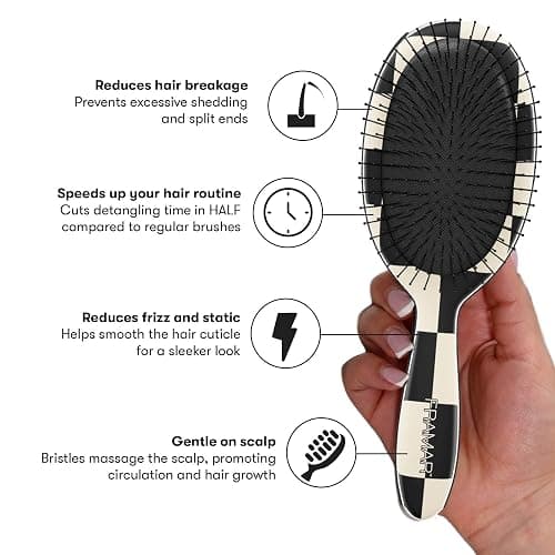 FRAMAR Checkered Print Hair Brush Detangler – Wet Hair Brushes For Women, Womens Hair Brush, Black and White Checkered Hair Accessories, Hairbrush For Women, Cepillos Para Cabello – Detangle Brush thumbnail 5