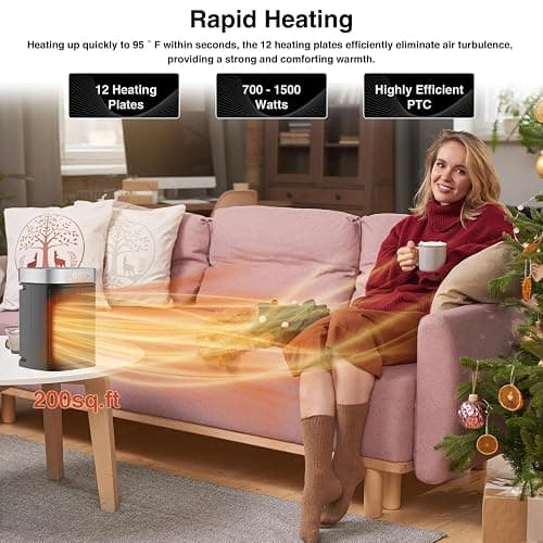 Small Portable Space Heater for Indoor Use - VOCRS 1500W PTC Electric Heater with Thermostat, Remote Control, 12H Timer, Eco and Fan Mode, Rapid and Safe Heating for Bedroom, Office thumbnail 7