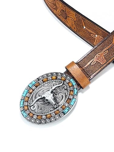 Western PU-Leather Cowboy Buckle Belt for Men and Women Jeans Engraved Floral Longhorn Bull Buckle Belt (27-40" waist) thumbnail 9
