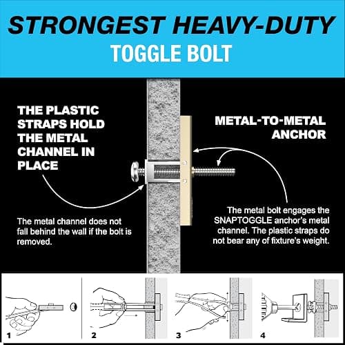 TOGGLER SNAPTOGGLE Heavy-Duty Drywall Toggle Bolt – 3/16"-24 UNC Zinc-Plated Anchor for Hollow Walls, Plaster & Tile – Holds 238 lbs in 1/2" Drywall, Easy Install – 10 Pack (with Bolts) thumbnail 5
