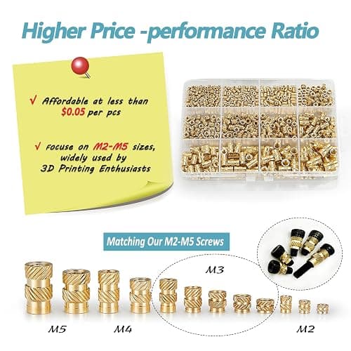 Kadrick 520Pcs M2 M3 M4 M5 Threaded Inserts Assortment Kit for 3D Printing Components, Metric Brass Knurled Nuts, Insert by Heat into Plastic Parts thumbnail 3