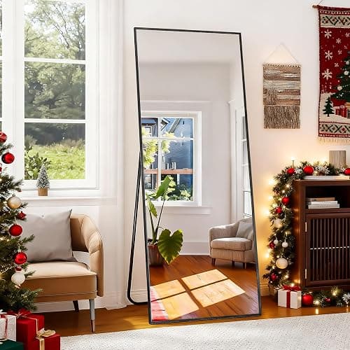 BEAUTYPEAK Full Length Mirror with Stand, 56"x21" Floor Mirror with Aluminum Alloy Thin Frame, ShatterVue Tempered Full Body Mirrors, Free Standing or Wall-Mounted Mirrors for Living Room, Black thumbnail 7