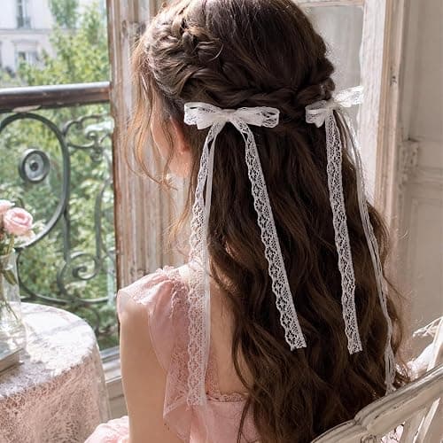 2Pcs White Lace Hair Bows with Long Tail, Coquette Lace Bow Hair Clips for Women, Elegant Ribbon Bow Barrettes Alligator Clip, Wedding Bridal Hairs Accessories for Girls Teens Daily Wear Party Decor thumbnail 5