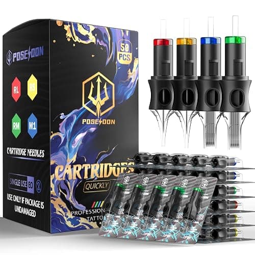 POSEIDON 50PCS Tattoo Cartridge Needles Assorted Mixed Size #12 Round Liner Shader Magnum - 5RL 7RL 9RL 5RS 7RS 9RS 7M1 15M1 7RM 15RM with Membrane Professional Disposable Tattoo Needles - Image 1