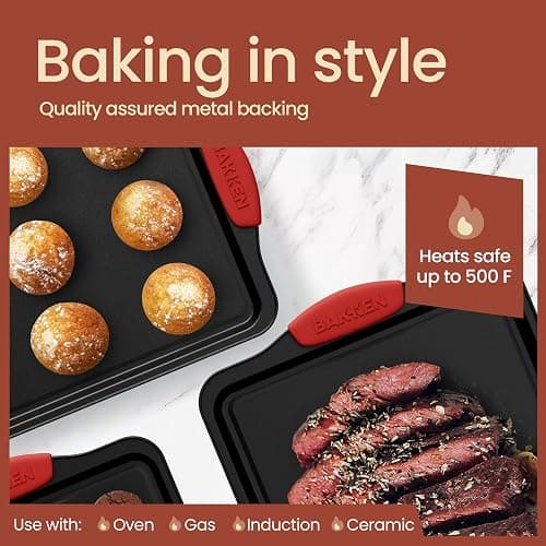 Baking Set – 10 Piece Kitchen Oven Bakeware Set – Deluxe Non-Stick Blue Coating Inside and Outside – Carbon Steel – Red Silicone Handles – PFOA PFOS and PTFE Free by Bakken,Black thumbnail 8