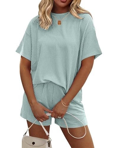 Ekouaer 2 Piece Sets for Women Matching Lounge Sets Summer Outfits | Casual Loungewear, Ribbed Loose Set, Short Sleeve Shirt and Shorts, Crewneck, With Pockets - Image 1