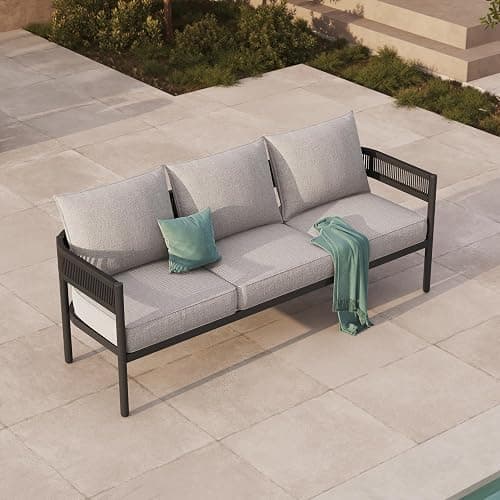 Gand Patio Outdoor 3-Seat Couch Sofa, Wicker Conversation Set with Thick Cushion for Porch, Garden, Yard, Beige thumbnail 8