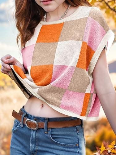 Girls Fall Crop Tops 2025 Cute Cap Sleeve Spring Summer Colorblock Loose Kids Knit Winter Sweaters Top thumbnail 2