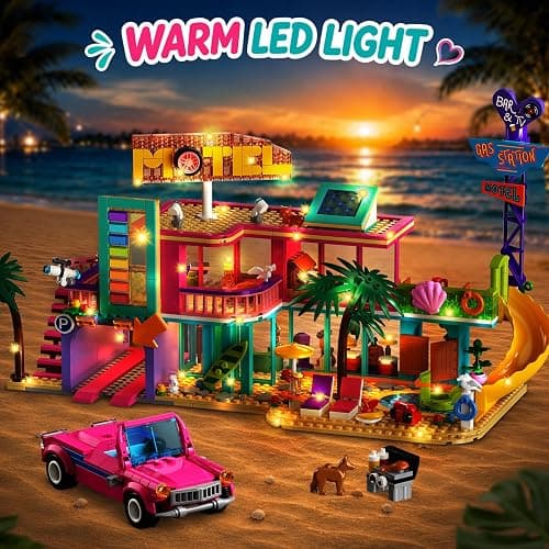 HOGOKIDS 3-in-1 Friends Motel Building Set with LED & Car for Girls Age 8+ | Foldable design with guest rooms, balcony, pool area, gas station and campsite for imaginative road-trip and vacation play thumbnail 2