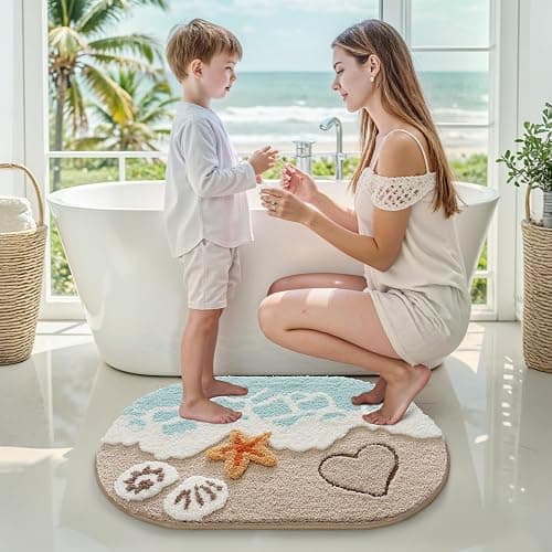 LUMI Soft and Absorbent Beach Bathroom Rug, Non-Slip Backing, Ideal for Bathroom, Kitchen and Entryway Decor, Sea Beach Starfish Shell Bath Decor, Blue, 22"x34" thumbnail 6