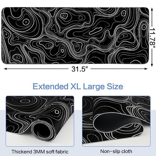 Gaming Mouse Pad Topographic Contour Large Desk Mat Long Computer Keyboard Mouse Mat Mousepad with Slip Base Desk Pad Edge for Home Office Work (Black) thumbnail 5