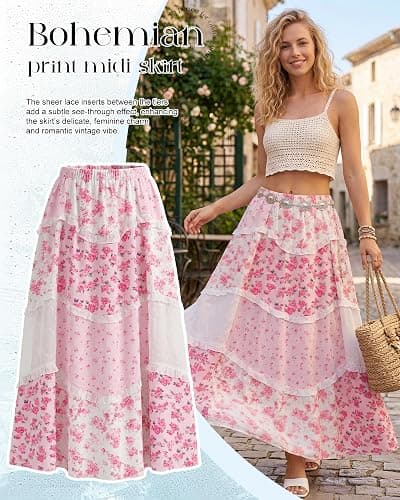 Cutecrop Women Patchwork Floral Maxi Skirt 2026 Summer Boho Flowy Long Skirt Casual Vacation Elastic Waist Tiered Ruffle Lace thumbnail 7