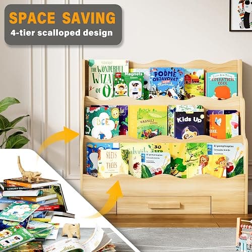 FIKSG 3-Tier Montessori Scalloped Kids Bookshelf with Drawer | 29.6" Wide Natural Wood Forward Facing Bookcase for Toddlers, Children's Book Display and Organizer for Playroom,Nursery thumbnail 7