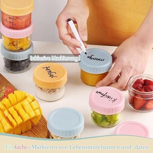 ACEPRUT 14 Stück Glas Babybrei Einfrieren Behälter, Beikost Baby Zubehör, Babynahrung Aufbewahrung, Auslaufsicher, BPA-frei, Mikrowelle, Geschirrspüler & Gefrierschrank sicher thumbnail 5