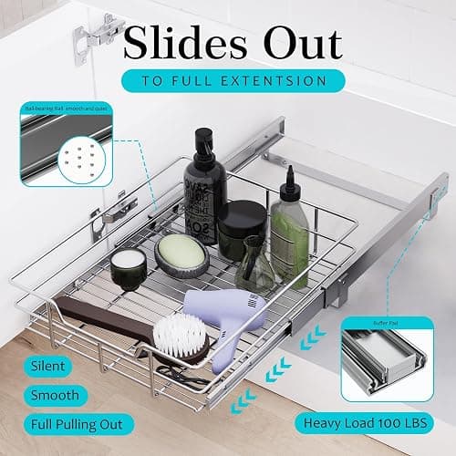 Pull Out Cabinet Organizer 14" W X 22" D, Slide Out Drawers For Kitchen Organizers and Storage, Pull Out Drawers For Cabinets Capacity Heavy Duty Caddy, Cabinet Shelves Chrome-Plated, Bathroom Pantry thumbnail 4