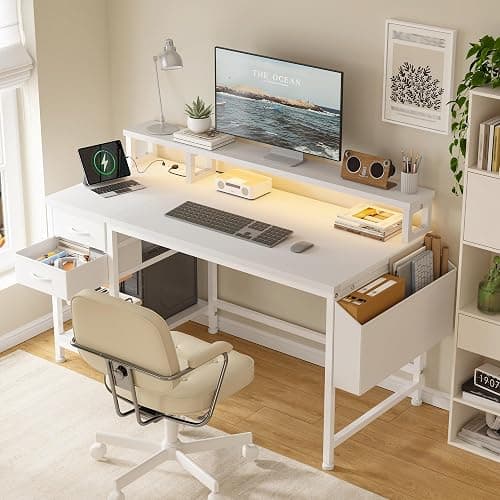 DurayLoly 40" Computer Desk with LED Strip, Gaming Desk with Drawers & Storage Bag, Office Desk with Power Outlets & Monitor Stand, Home Office Desks for Bedroom, Gaming Room, White thumbnail 2