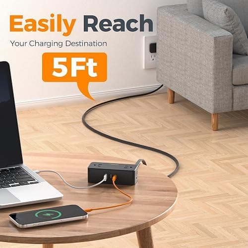 TESSAN Black Extension Cord 5 Ft, Flat Surge Protector Power Strip with 4 Wide Spaced AC Outlets 3 USB Ports (1 USB C), Ultra Thin Flat Plug with 900J Surge Protection, Office Dorm Room Essentials thumbnail 5